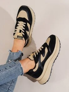 Letter Patch Decor Lace-up Front Wedge Sneakers - Multicolor - View 2