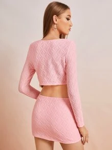 SHEIN ICON Scoop Neck Crop Top & Drawstring Side Bodycon Skirt - Pink - View 2