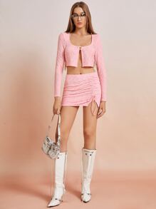 SHEIN ICON Scoop Neck Crop Top & Drawstring Side Bodycon Skirt - Pink - View 3