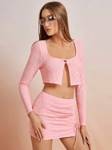 SHEIN ICON Scoop Neck Crop Top & Drawstring Side Bodycon Skirt - Pink - View 4