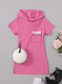 SHEIN 小女童翻蓋口袋連帽T恤連衣裙不附帶包 - 粉色 - 查看 1