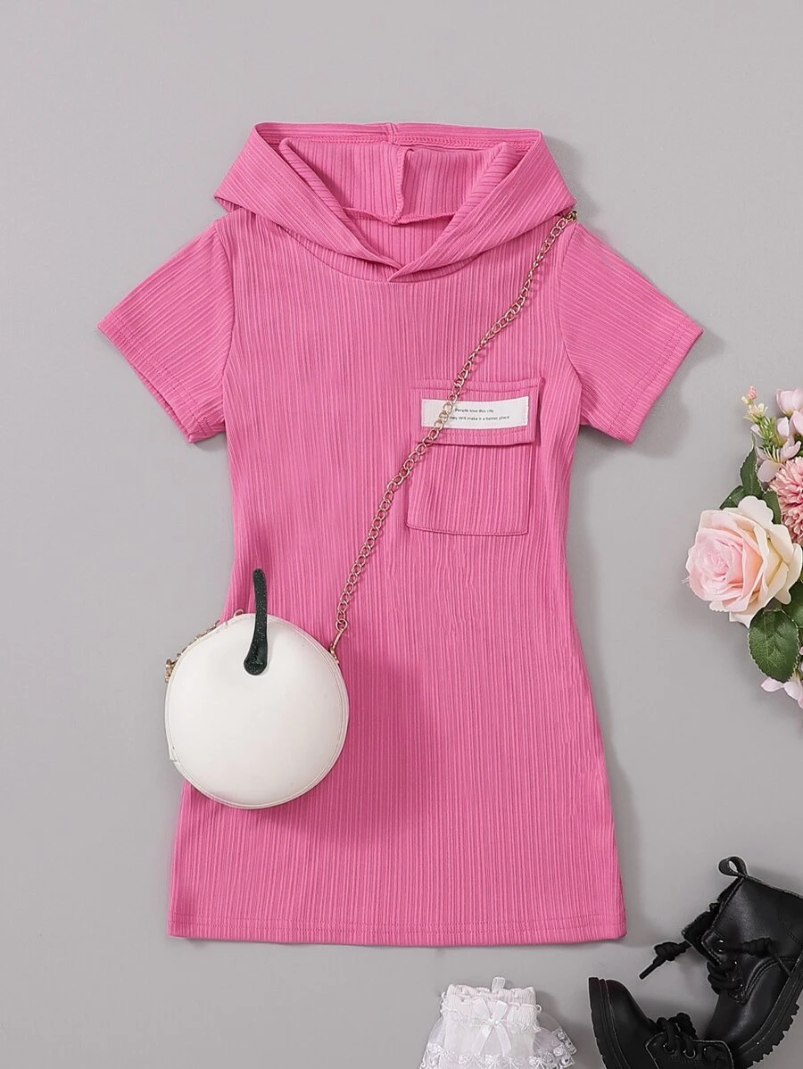 SHEIN 小女童翻蓋口袋連帽T恤連衣裙不附帶包 - 粉色 - 查看 1
