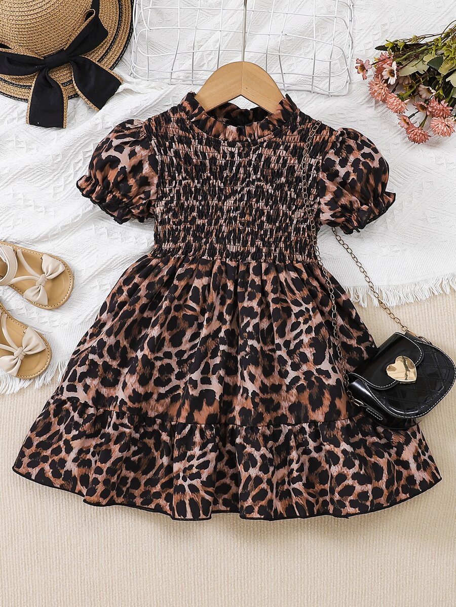 Toddler Girls Leopard Print Puff Sleeve Dress - Multicolor - View 1