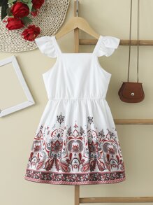 Toddler Girls Floral Print Ruffle Trim Dress - White - View 1