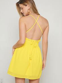 Hauture Đầm Mini Halter Crisscross hở lưng viền ren - Màu vàng - Xem 2