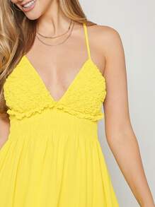 Hauture Đầm Mini Halter Crisscross hở lưng viền ren - Màu vàng - Xem 4