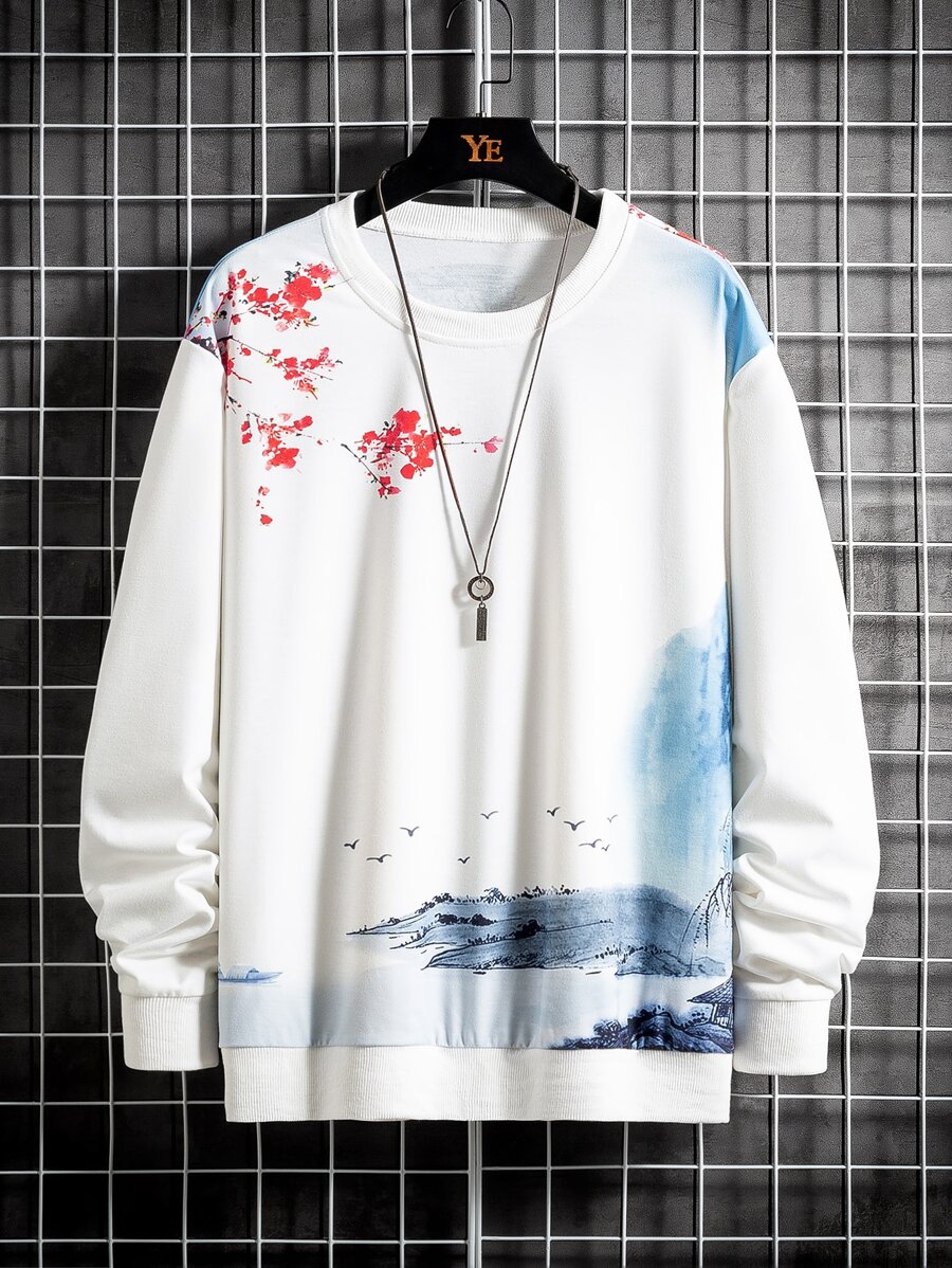 Manfinity Men Landscape Print Drop Shoulder Sweatshirt - White - View 1