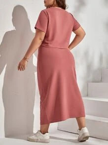 SHEIN LUNE 大碼素色T恤和半身裙 - 珊瑚粉 - 查看 2