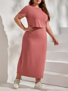 SHEIN LUNE 大碼素色T恤和半身裙 - 珊瑚粉 - 查看 5