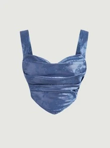 SHEIN MOD Floral Jacquard Ruched Bandana Hem Crop Cami Top - Blue - View 1