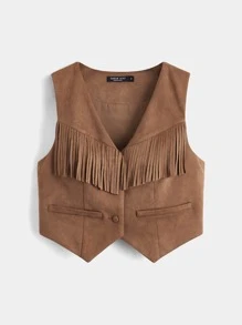 SHEIN MOD Fringe Trim Button Front Vest Jacket - Brown - View 1