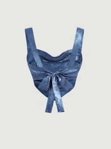 SHEIN MOD Floral Jacquard Ruched Bandana Hem Crop Cami Top - Blue - View 2