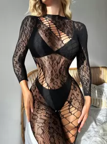 Cut Out Leopard Fishnet Bodystocking Lingerie Without Liner, Lingerie For Women,Sexy,Valentine's Day,Sexy Lingerie, - Black - View 10