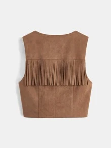 SHEIN MOD Fringe Trim Button Front Vest Jacket - Brown - View 2