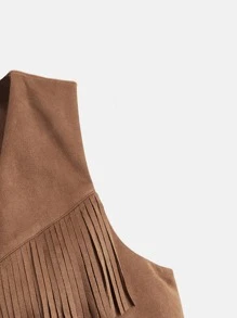 SHEIN MOD Fringe Trim Button Front Vest Jacket - Brown - View 4