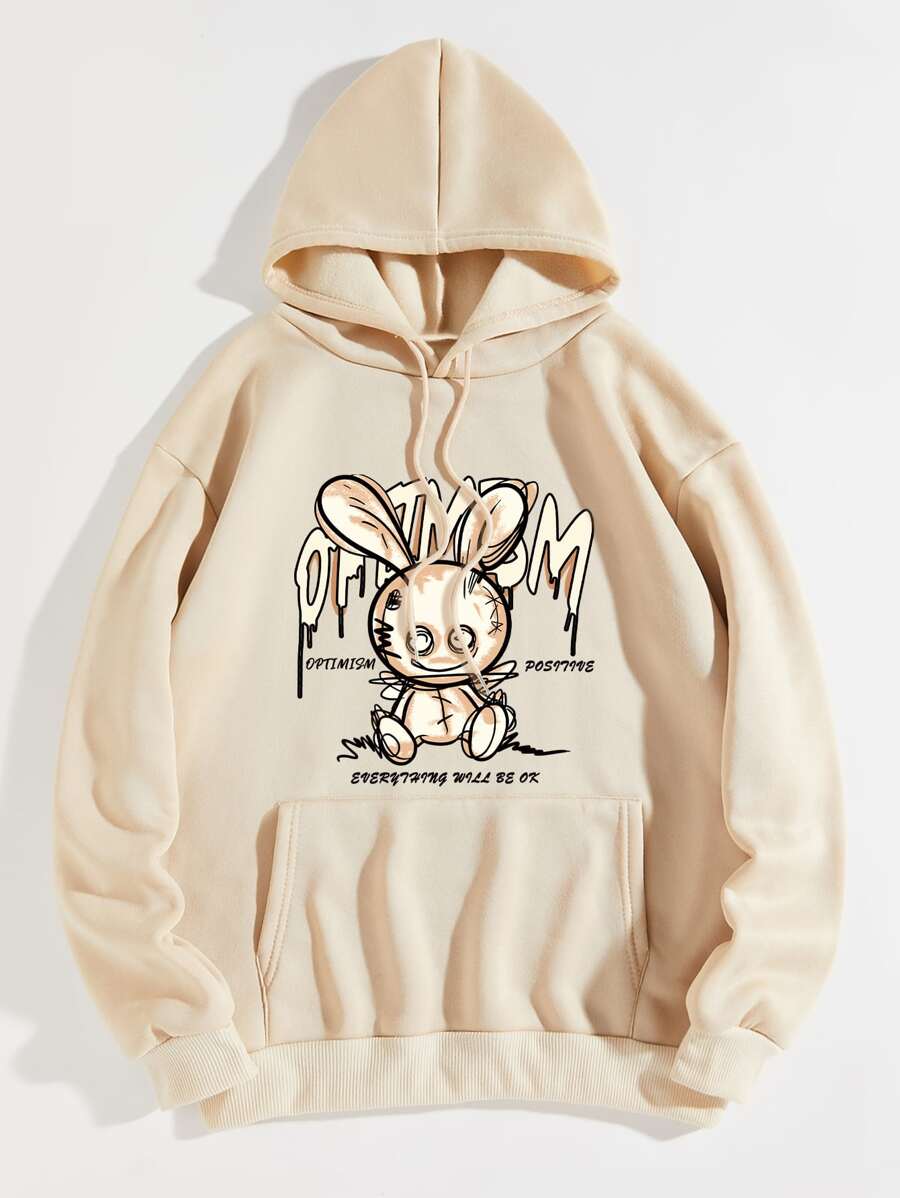 SHEIN EZwear Slogan & Cartoon Graphic Kangaroo Pocket Drawstring Thermal Hoodie - Apricot - View 1