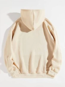 SHEIN EZwear Slogan & Cartoon Graphic Kangaroo Pocket Drawstring Thermal Hoodie - Apricot - View 2