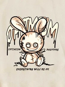 SHEIN EZwear Slogan & Cartoon Graphic Kangaroo Pocket Drawstring Thermal Hoodie - Apricot - View 6