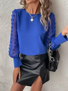 Chiquease Solid Swiss Dot Bishop Sleeve Blouse - Royal Blue - View 1