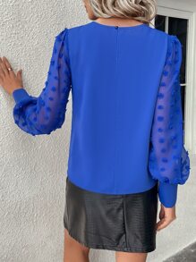 Chiquease Solid Swiss Dot Bishop Sleeve Blouse - Royal Blue - View 2