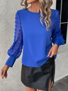 Chiquease Solid Swiss Dot Bishop Sleeve Blouse - Royal Blue - View 3