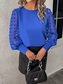 Chiquease Solid Swiss Dot Bishop Sleeve Blouse - Royal Blue - View 5