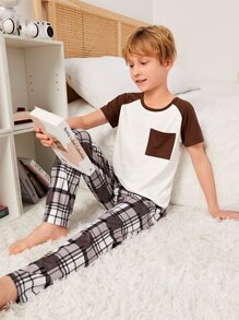 Boys Plaid Print Raglan Sleeve Tee & Trousers PJ Set - Multicolor - View 1