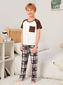 Boys Plaid Print Raglan Sleeve Tee & Trousers PJ Set - Multicolor - View 3