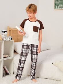 Boys Plaid Print Raglan Sleeve Tee & Trousers PJ Set - Multicolor - View 4