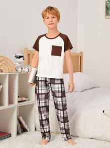 Boys Plaid Print Raglan Sleeve Tee & Trousers PJ Set - Multicolor - View 5