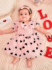 Baby Heart Print Bow Front Puff Sleeve Contrast Mesh Dress - Baby Pink - View 1