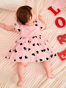 Baby Heart Print Bow Front Puff Sleeve Contrast Mesh Dress - Baby Pink - View 2