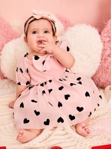 Baby Heart Print Bow Front Puff Sleeve Contrast Mesh Dress - Baby Pink - View 3