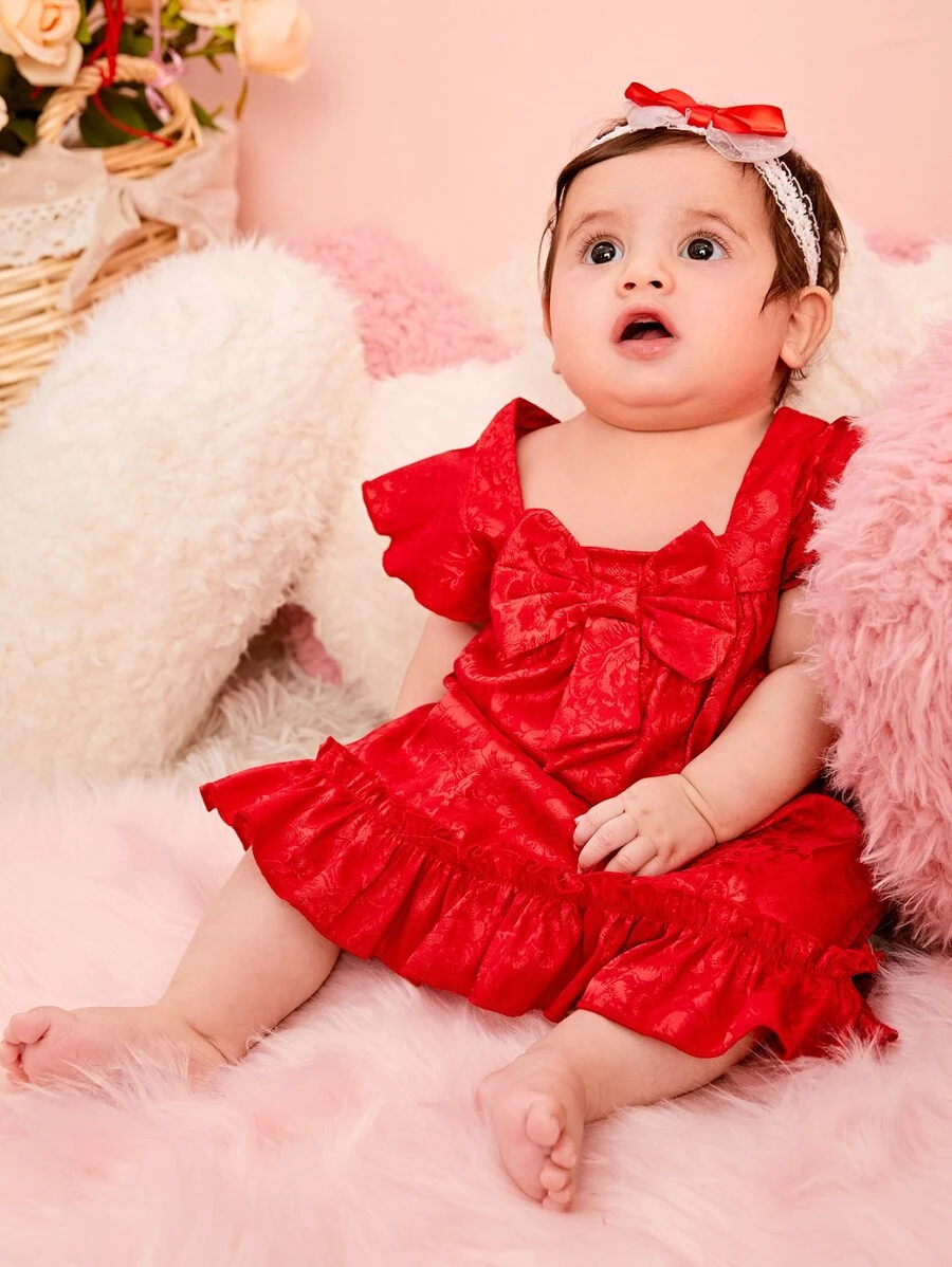 Bebé Vestido jacquard con lazo delantero bajo con fruncido - Rojo - Ver 1