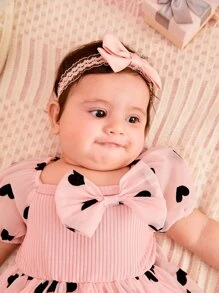 Baby Heart Print Bow Front Puff Sleeve Contrast Mesh Dress - Baby Pink - View 6