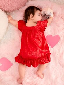 Bebé Vestido jacquard con lazo delantero bajo con fruncido - Rojo - Ver 2