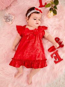 Bebé Vestido jacquard con lazo delantero bajo con fruncido - Rojo - Ver 4