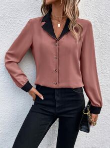 SHEIN Clasi Contrast Trim Lapel Neck Shirt - Pink - View 1