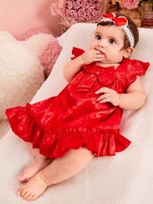 Bebé Vestido jacquard con lazo delantero bajo con fruncido - Rojo - Ver 5