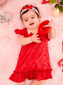 Bebé Vestido jacquard con lazo delantero bajo con fruncido - Rojo - Ver 6