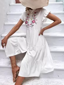 Breezaya Vestido smock con bordado floral bajo con fruncido - Blanco - Ver 1