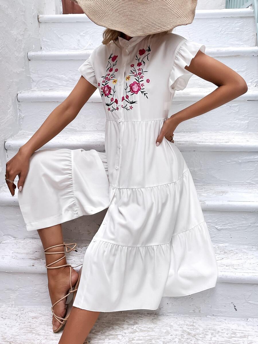 Breezaya Vestido smock con bordado floral bajo con fruncido - Blanco - Ver 1