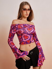 SHEIN ICON Heart Print Off Shoulder Bell Sleeve Lettuce Trim Crop Tee - Multicolor - View 4