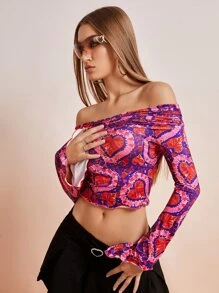 SHEIN ICON Heart Print Off Shoulder Bell Sleeve Lettuce Trim Crop Tee - Multicolor - View 5