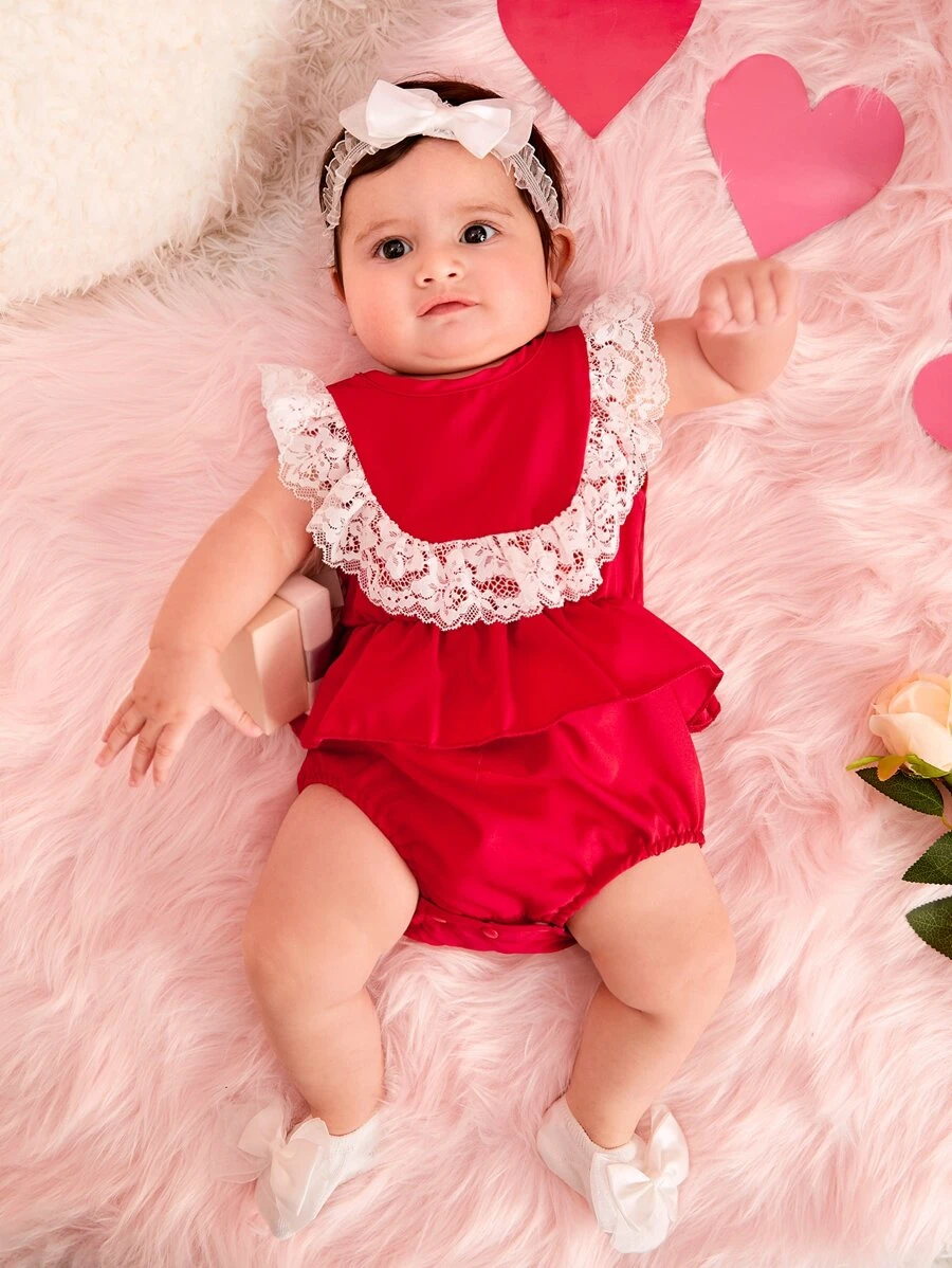 Baby Girl Contrast Ruffle Lace Trim Bodysuit - Red - View 1