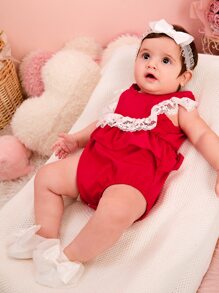 Baby Girl Contrast Ruffle Lace Trim Bodysuit - Red - View 3