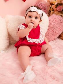 Baby Girl Contrast Ruffle Lace Trim Bodysuit - Red - View 4