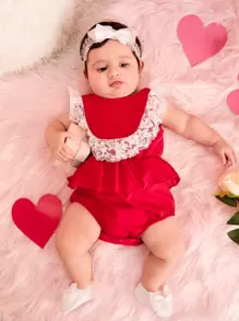 Baby Girl Contrast Ruffle Lace Trim Bodysuit - Red - View 5
