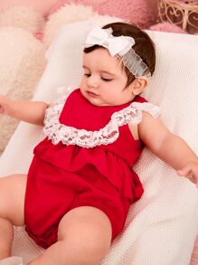 Baby Girl Contrast Ruffle Lace Trim Bodysuit - Red - View 6