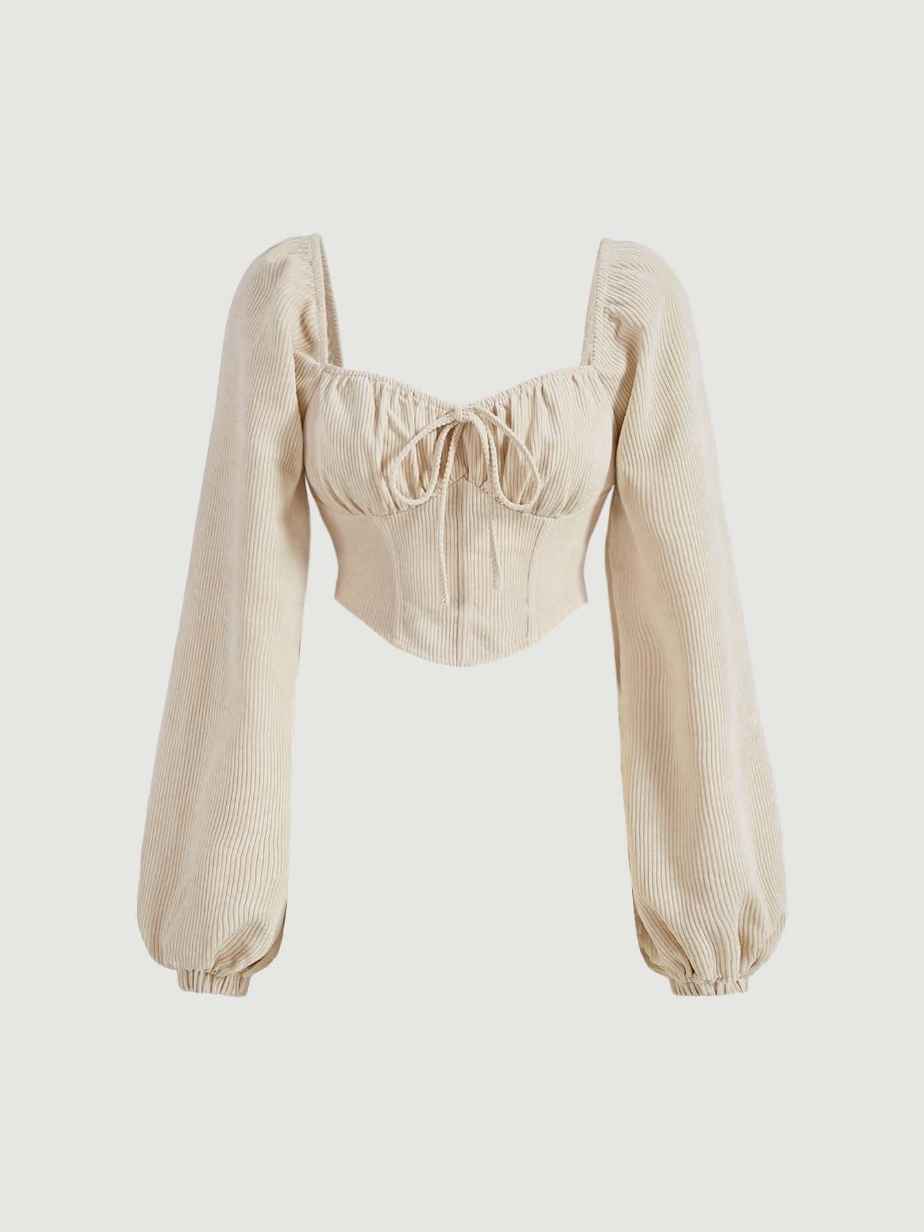 SHEIN MOD Knot Front Lantern Sleeve Bandana Hem Crop Blouse - Beige - View 1